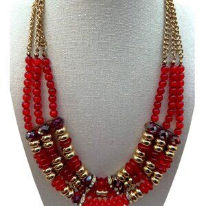 Vintage Napier Multi-Strand Red Bead & Gold-Tone Statement Necklace.  C14